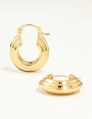 Gold Plated Wide Step Textured Hoop Earrings