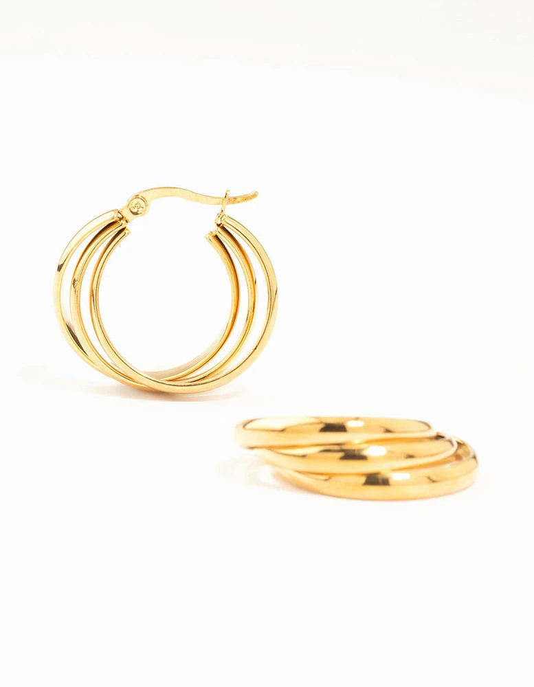 Waterproof Gold Plated Stainless Steel Triple Imitation Hoop Earrings