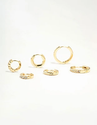 Gold Plated Plain & Diamante Hoop Earrings 3-Pack