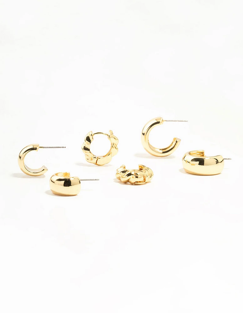 Gold Plated Plain & Twisted Chubby Hoop Earrings 3-Pack