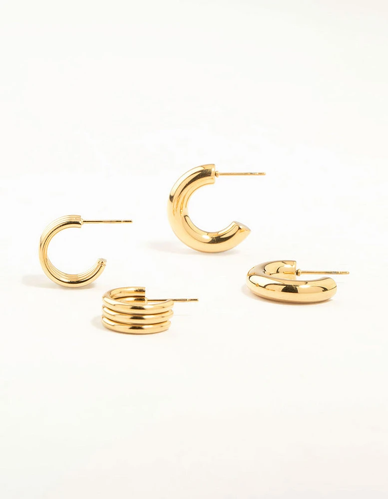 Waterproof Gold Plated Stainless Steel C Shaped Hoop Earrings 2-Pack