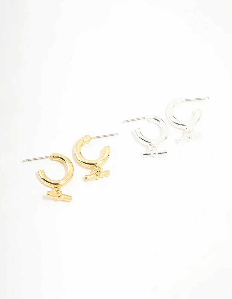 Gift Gold & Silver Plated Classic T Bar Hoop Earrings 2-Pack