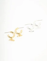 Gift Gold & Silver Plated Classic T Bar Hoop Earrings 2-Pack