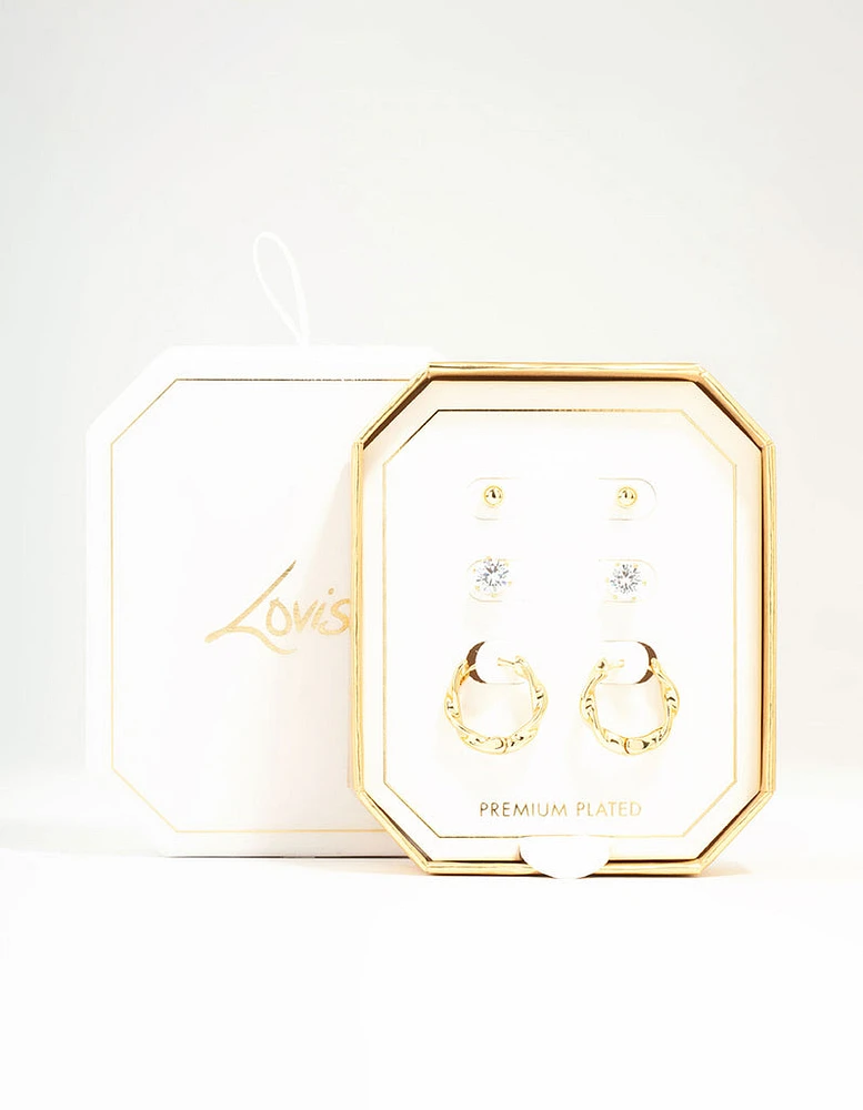 Gold Plated Twisted Hoop & Stud Earrings 3-Pack