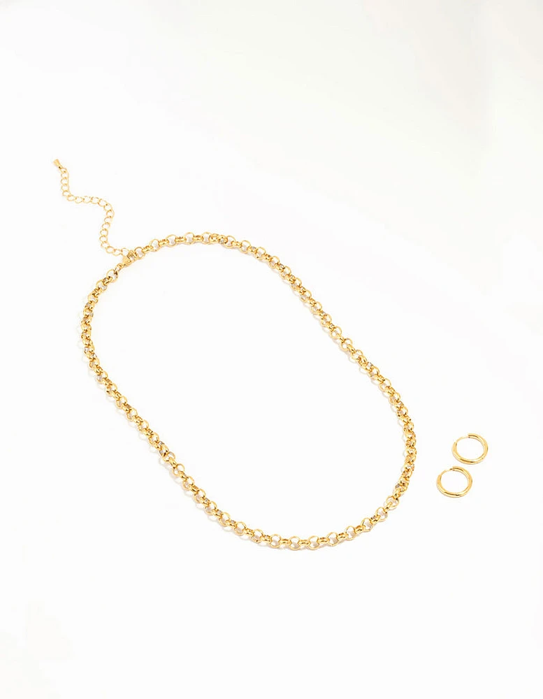 Waterproof Gold Plated Stainless Steel Classic Cable Necklace & Earrings Set