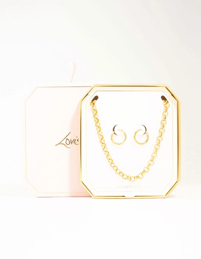 Waterproof Gold Plated Stainless Steel Classic Cable Necklace & Earrings Set