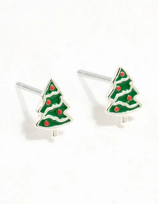 Green Enamel Sterling Silver Christmas Tree Stud Earrings