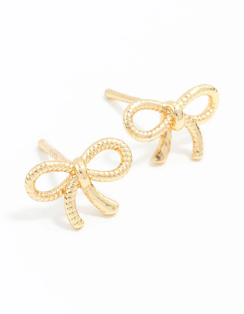 Gold Plated Sterling Silver Textured Bow Stud Earrings