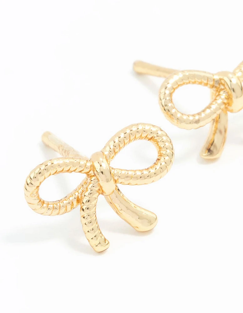 Gold Plated Sterling Silver Textured Bow Stud Earrings