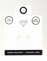 Waterproof Princess Cut Diamante Stainless Steel Stud Earrings