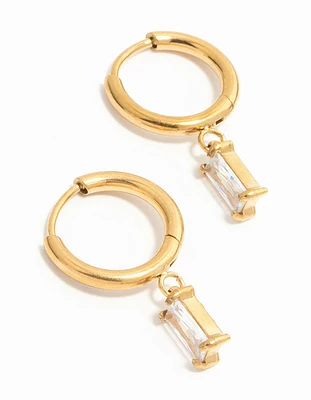 Waterproof Gold Plated Stainless Steel Baguette Diamante Huggie Earrings