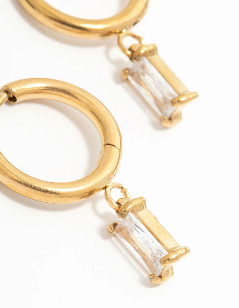 Waterproof Gold Plated Stainless Steel Baguette Diamante Huggie Earrings