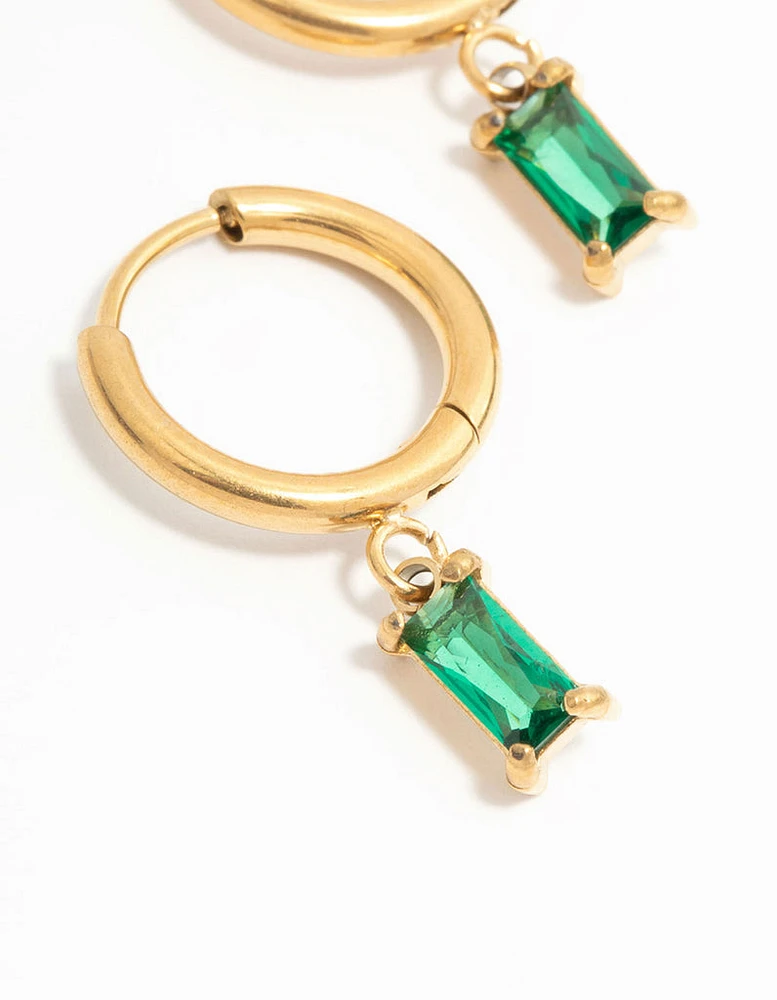 Waterproof Gold Plated Stainless Steel Green Baguette Huggie Earrings