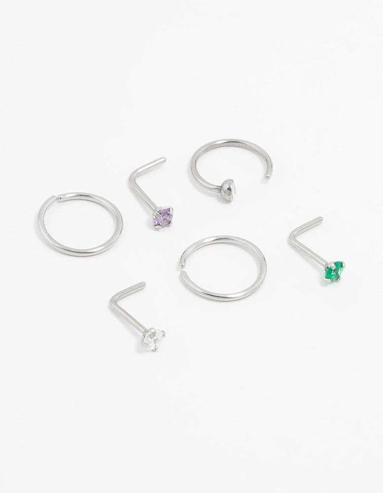 Surgical Steel Pastel Cubic Zirconia Nose Stud & Ring 6-Pack