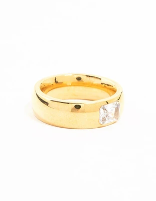 Waterproof Gold Plated Stainless Steel Wide Band Cubic Zirconia Ring