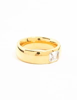 Waterproof Gold Plated Stainless Steel Wide Band Cubic Zirconia Ring