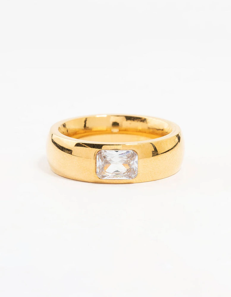 Waterproof Gold Plated Stainless Steel Wide Band Cubic Zirconia Ring