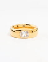 Waterproof Gold Plated Stainless Steel Wide Band Cubic Zirconia Ring