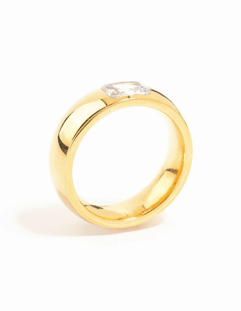 Waterproof Gold Plated Stainless Steel Wide Band Cubic Zirconia Ring