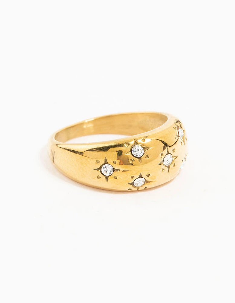 Waterproof Gold Plated Stainless Steel Diamante Scatter Band Ring