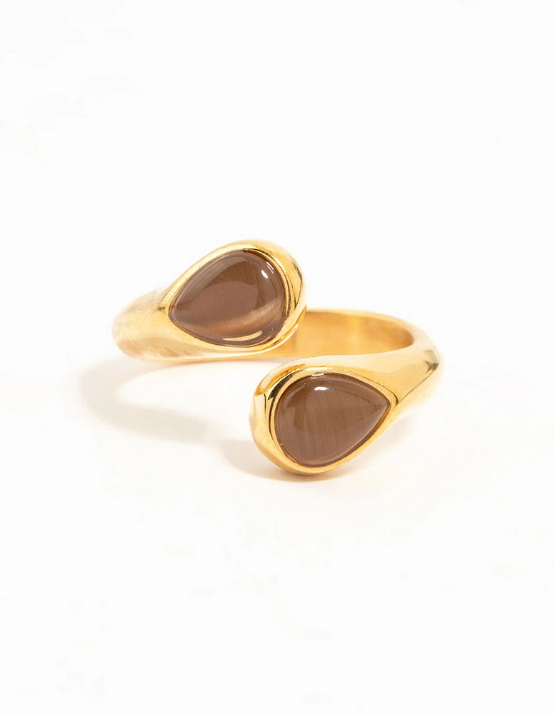 Waterproof Gold Plated Stainless Steel Double Pear Stone Ring