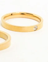 Waterproof Gold Plated Stainless Steel Cubic Zirconia Band Rings 2-Pack