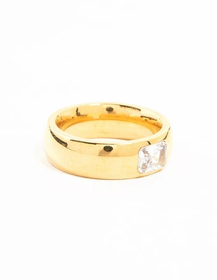 Waterproof Gold Plated Stainless Steel Wide Band Cubic Zirconia Ring