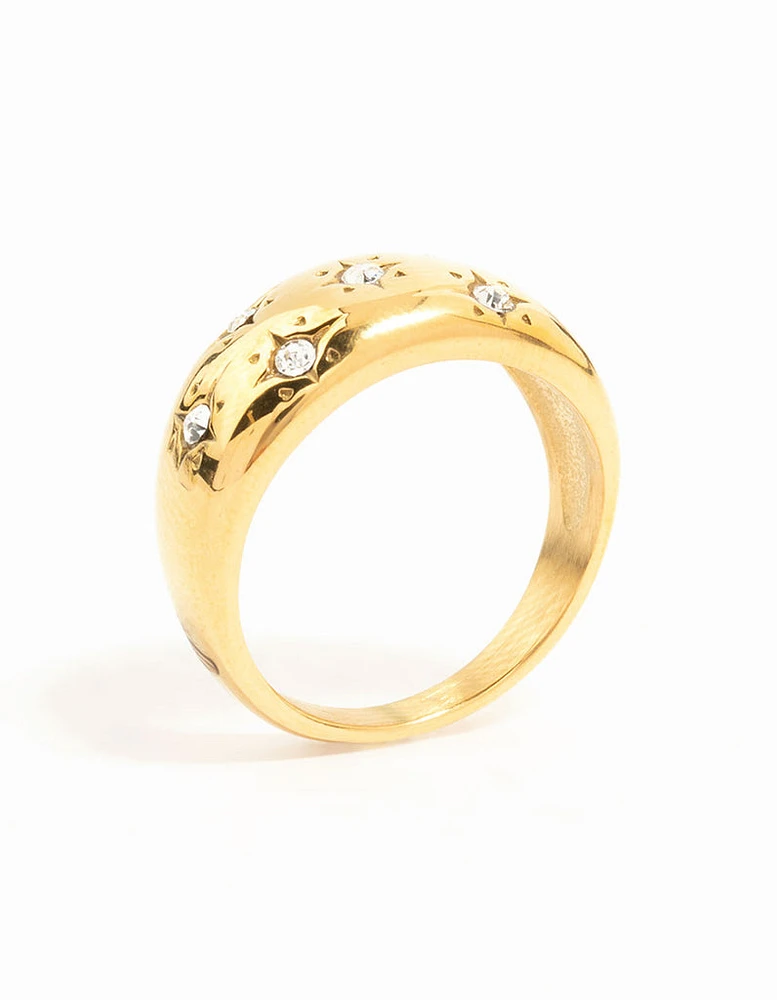 Waterproof Gold Plated Stainless Steel Diamante Scatter Band Ring