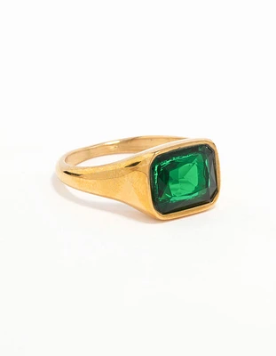 Waterproof Gold Plated Stainless Steel Opulent Green Cubic Zirconia Signet Ring
