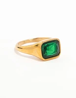Waterproof Gold Plated Stainless Steel Opulent Green Cubic Zirconia Signet Ring