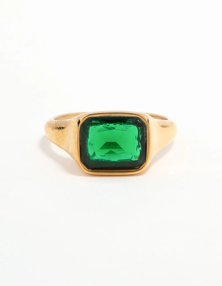 Waterproof Gold Plated Stainless Steel Opulent Green Cubic Zirconia Signet Ring