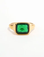Waterproof Gold Plated Stainless Steel Opulent Green Cubic Zirconia Signet Ring