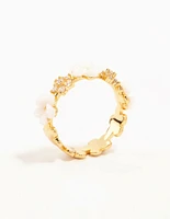 Gold Plated Alternating Flower Cubic Zirconia Band Ring