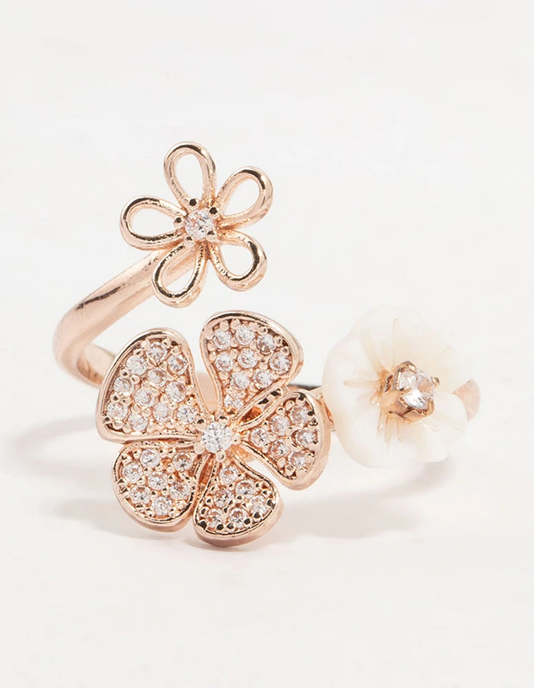 Rose Gold Floral Trio Cubic Zirconia Wrapped Ring