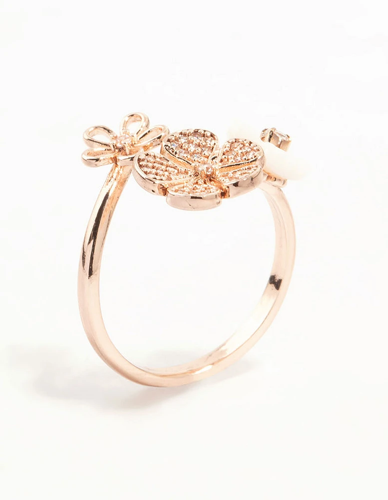 Rose Gold Floral Trio Cubic Zirconia Wrapped Ring