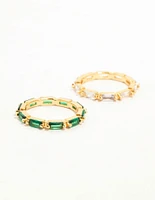 Gold Plated Green & Silver Baguette Stacking Rings 2-Pack