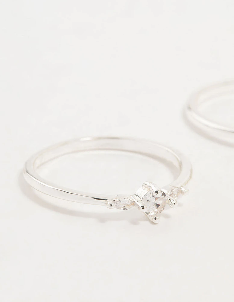 Silver Plated Dainty Cubic Zirconia Stacking Rings 2-Pack