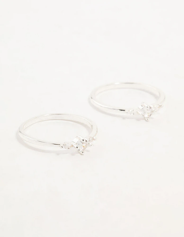 Silver Plated Dainty Cubic Zirconia Stacking Rings 2-Pack