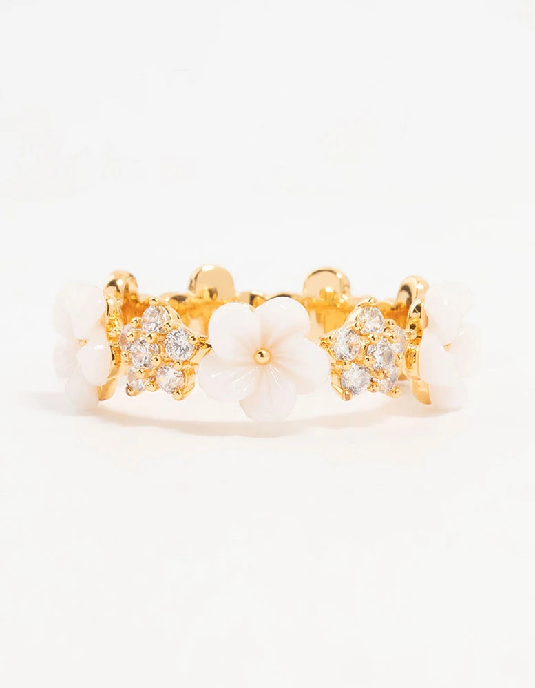 Gold Plated Alternating Flower Cubic Zirconia Band Ring