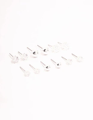 Silver Plated Cubic Zirconia & Ball Stud Earrings 6-Pack