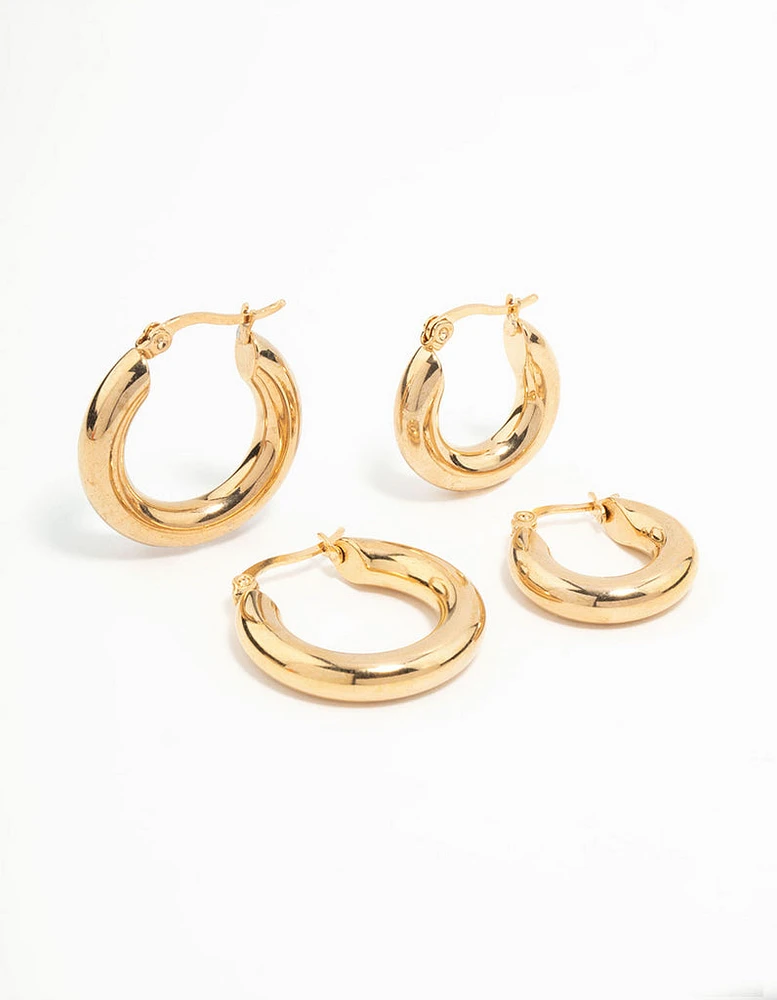 Waterproof Gold Plated Stainless Steel Tube Hoop Earrings 2-Pack