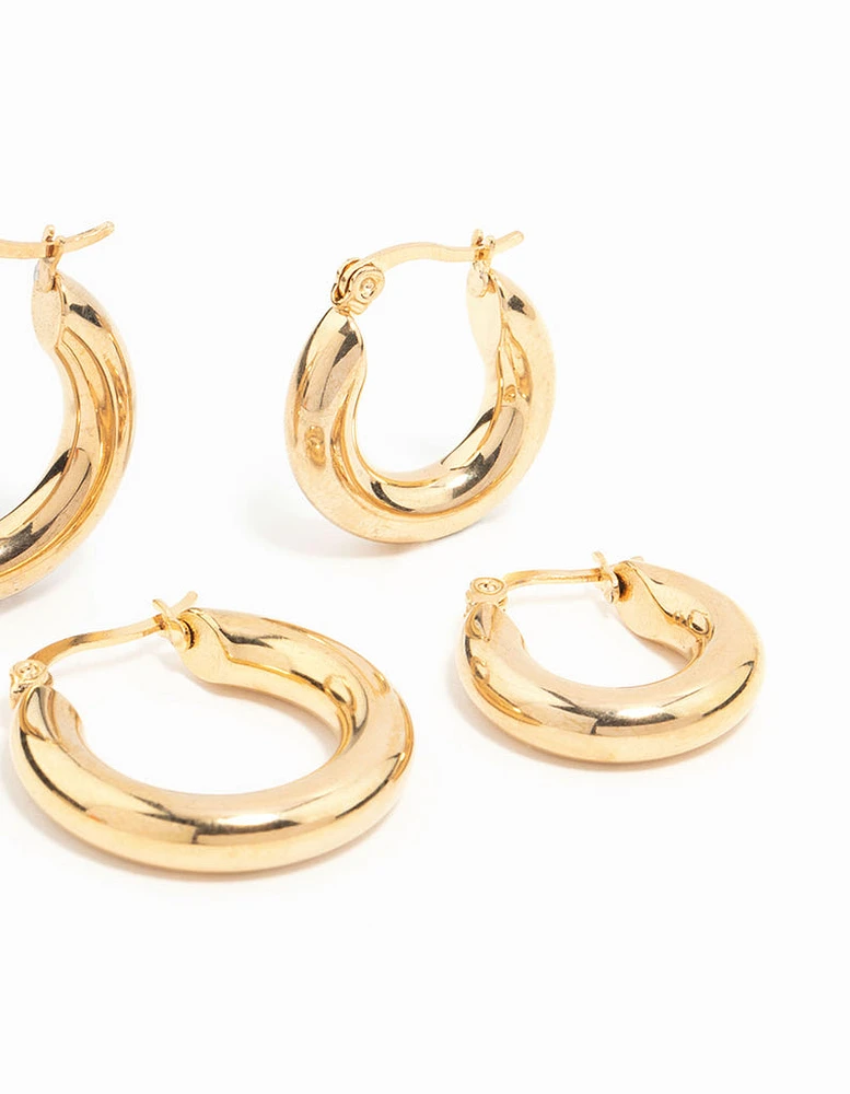 Waterproof Gold Plated Stainless Steel Tube Hoop Earrings 2-Pack