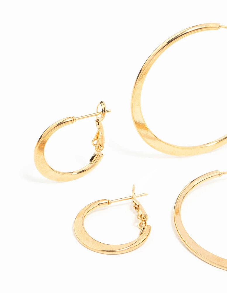 Waterproof Gold Plated Stainless Steel Thin Hoop Earrings 3-Pack