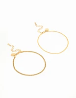 Waterproof Gold Plated Stainless Steel Mixed Snake Chain Anklets 2-Pack