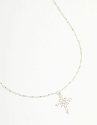 Silver Plated Cubic Zirconia Snowflake Cross Necklace