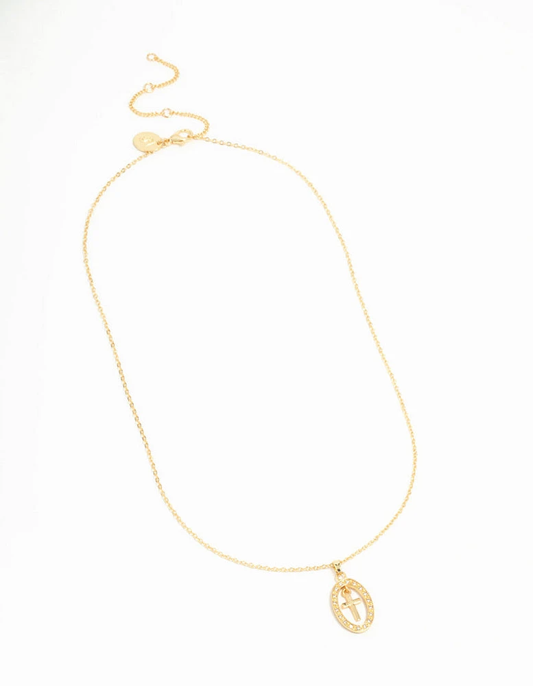 Gold Plated Cubic Zirconia Oval Cross Necklace