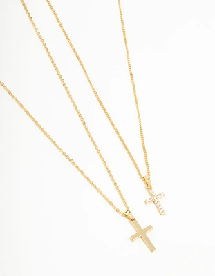 Gold Plated Cubic Zirconia & Plain Cross Necklaces 2-Pack