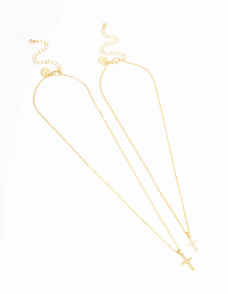 Gold Plated Cubic Zirconia & Plain Cross Necklaces 2-Pack