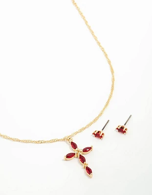 Gold Plated Red Diamante Pointed Cross Necklace & Stud Earrings Set