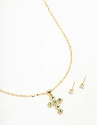 Gold Plated Green Cubic Zirconia  Cross Necklace & Stud Earring Set